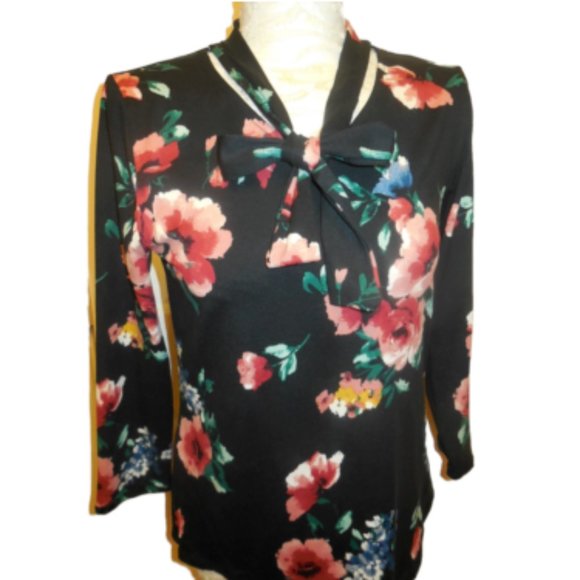 Vintage Blouse Top stretchy knit floral black-pink wear to work retro romantic - Picture 2 of 8